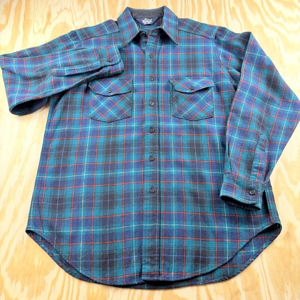Woolrich Vintage Plaid Flannel Shirt Mens Teal Navy Red Made in USA Pocket L